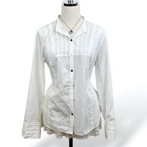Calvin Klein Womens L White Button Up Shirt Pintuck Cotton Classic Minimal Chic